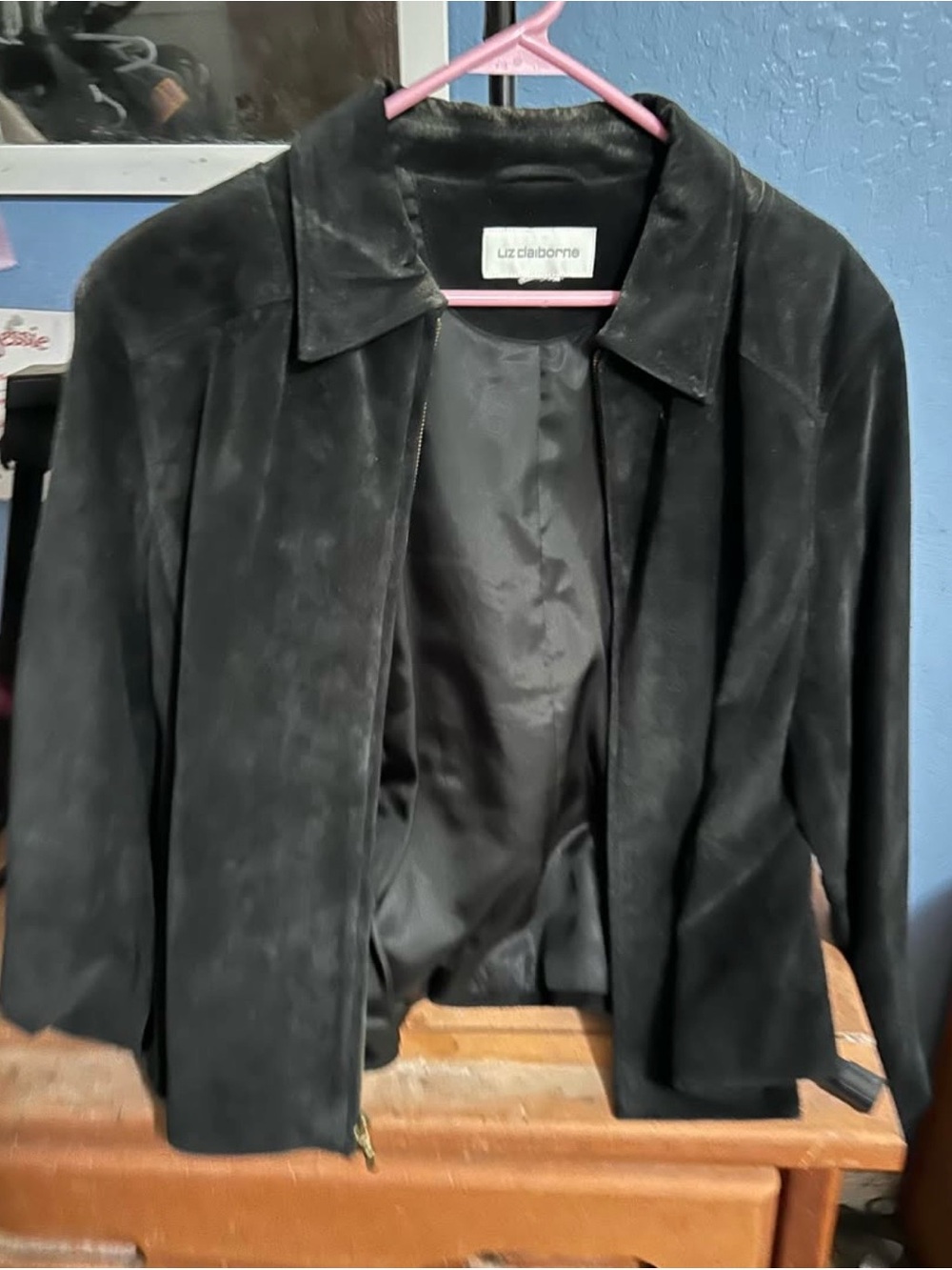 Liz Claiborne Black Suede-Look Zip Front Jacket
